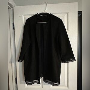 Zara Faux Suede Open Front Jacket with Lace Trim